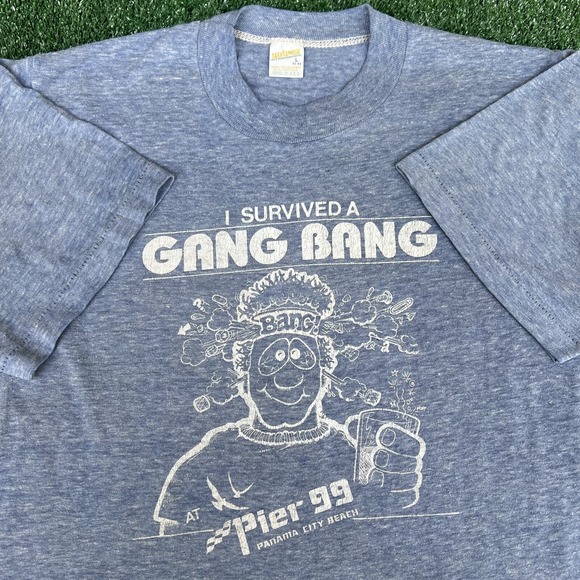 M & C Sportswear Other - Vintage 80s Funny Sexual Joke Quote I Survived a Gang Bang Blue T-Shirt Medium‎
